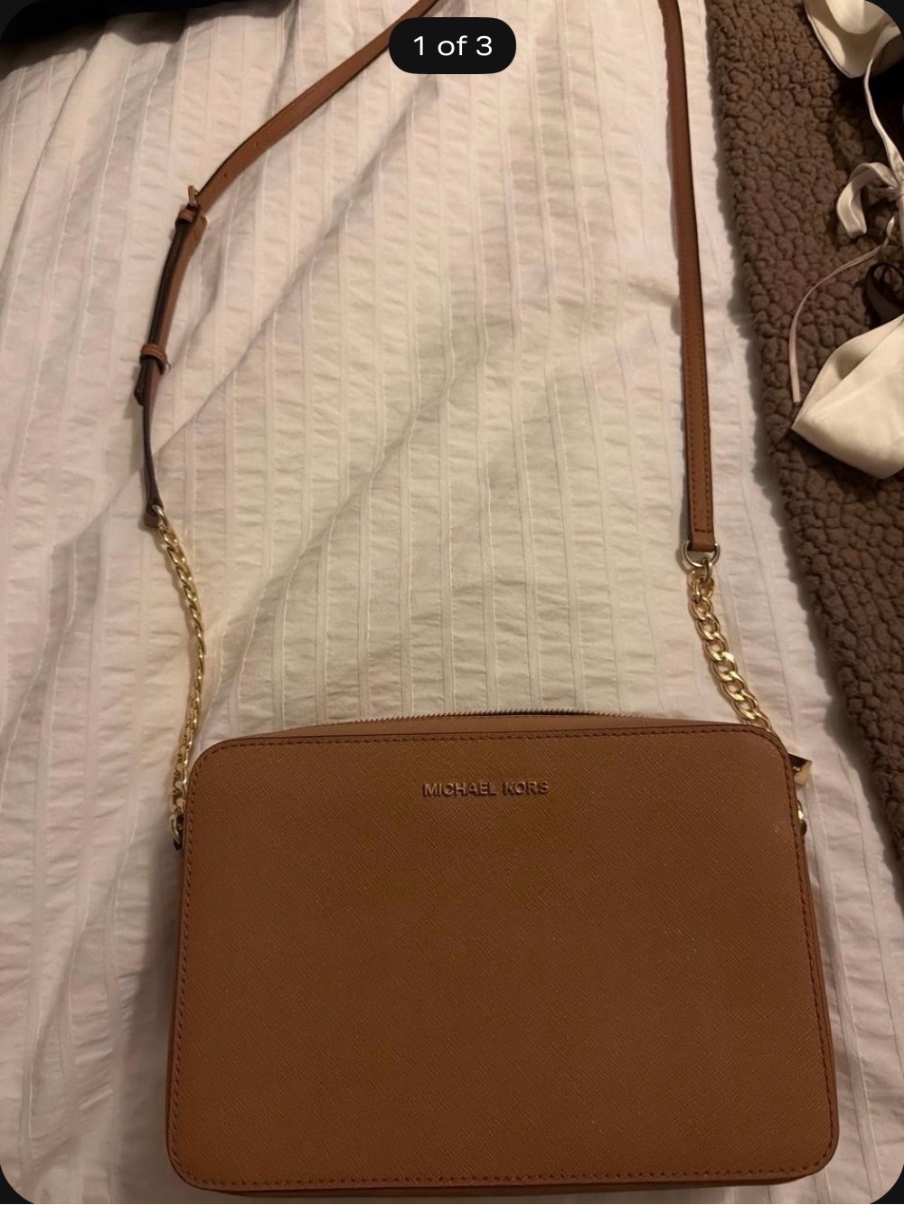Michael Kors Tan Saffiano Leather Crossbody with Gold Chain Strap